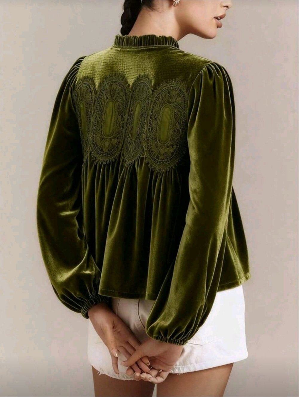 Olive Green Velvet Lace Yoke Top LG